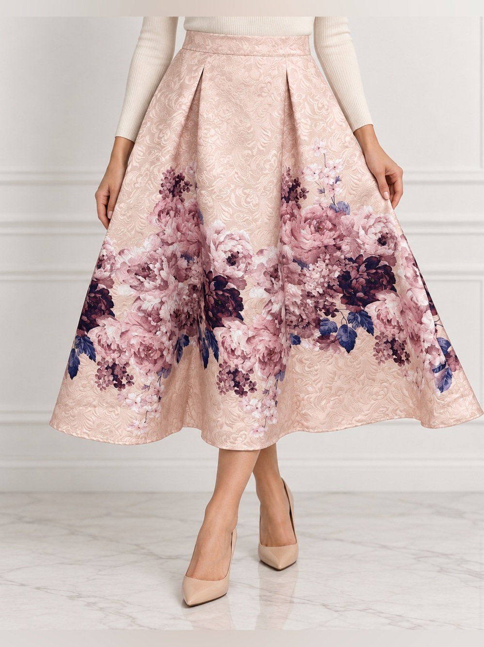 Chicwish Lavender Peony Print Embossed Midi Skirt Size M